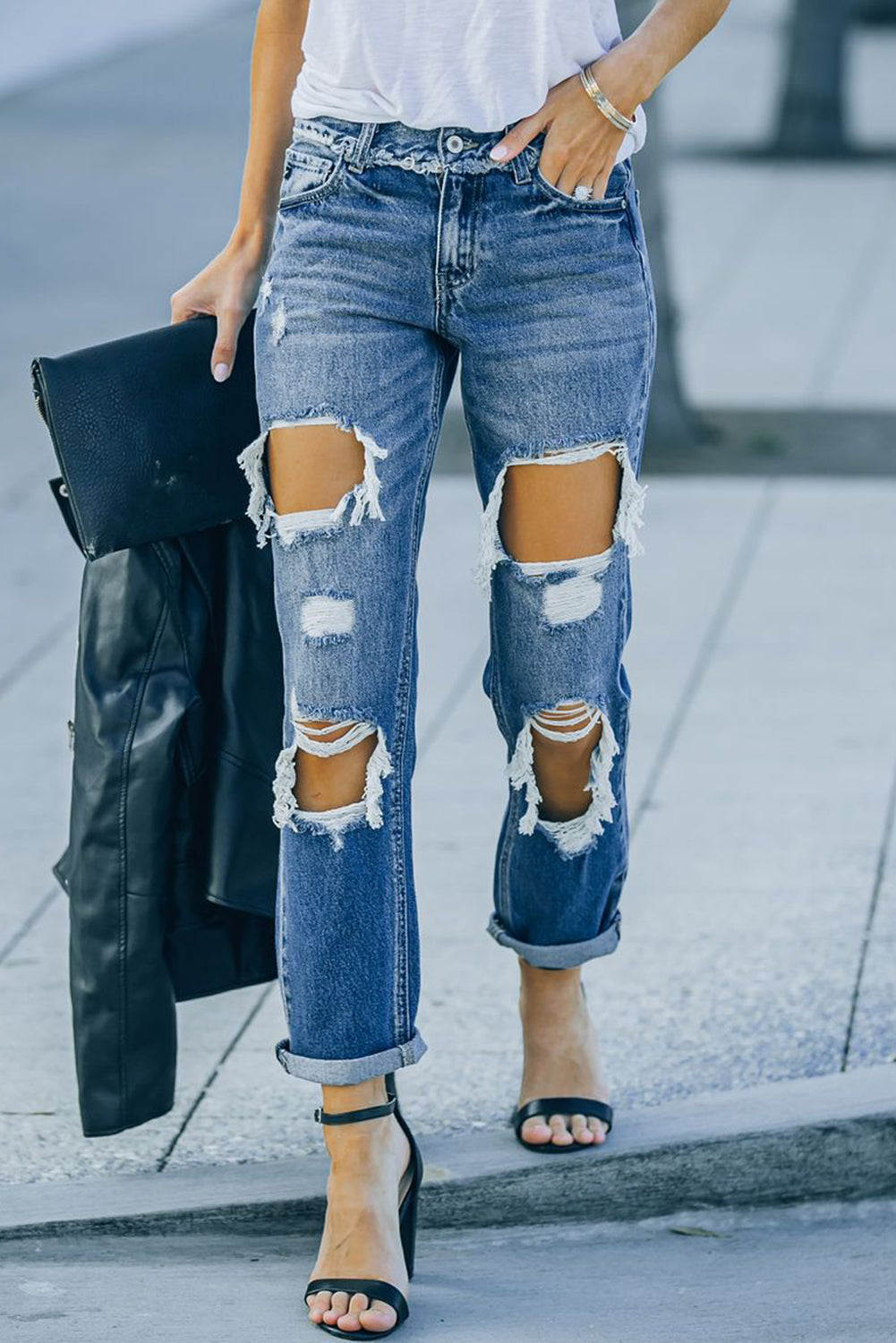 distressed frayed trim straight leg jeans