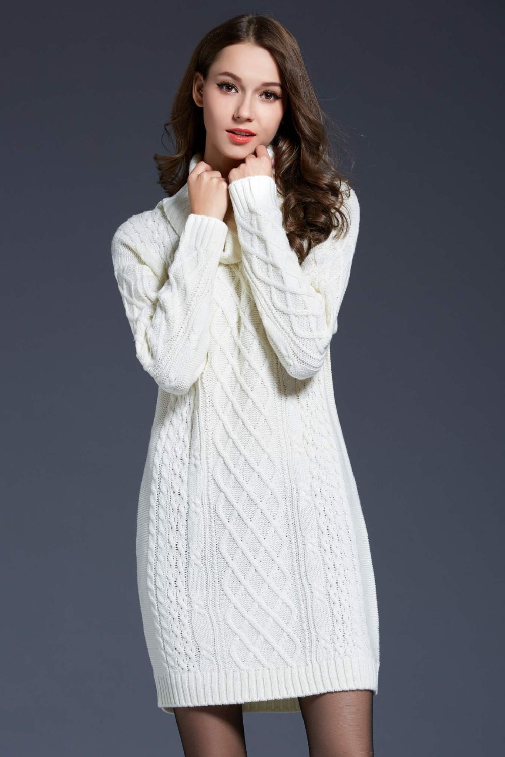 woven right full size mixed knit cowl neck dropped shoulder sweater dress