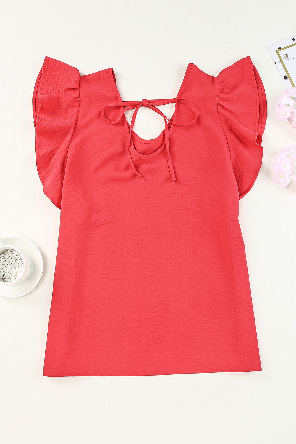 v-neck tied flutter sleeve blouse