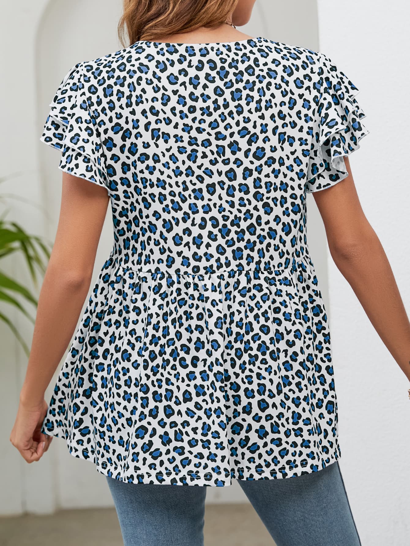 leopard round neck flutter sleeve babydoll blouse