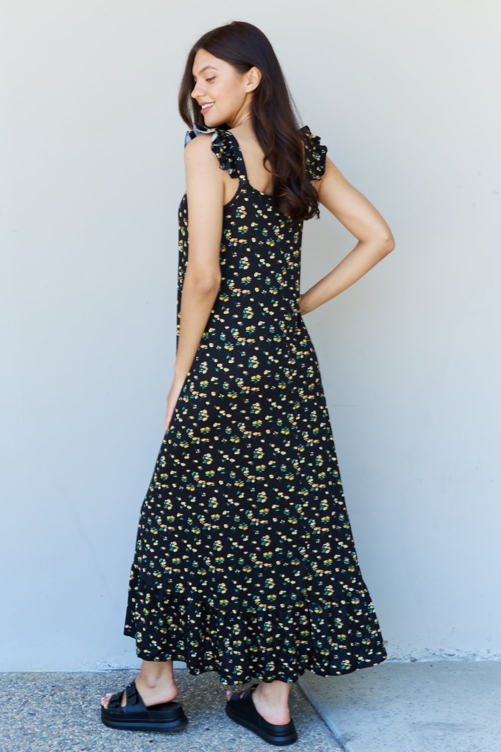 doublju in the garden ruffle floral maxi dress in  black yellow floral