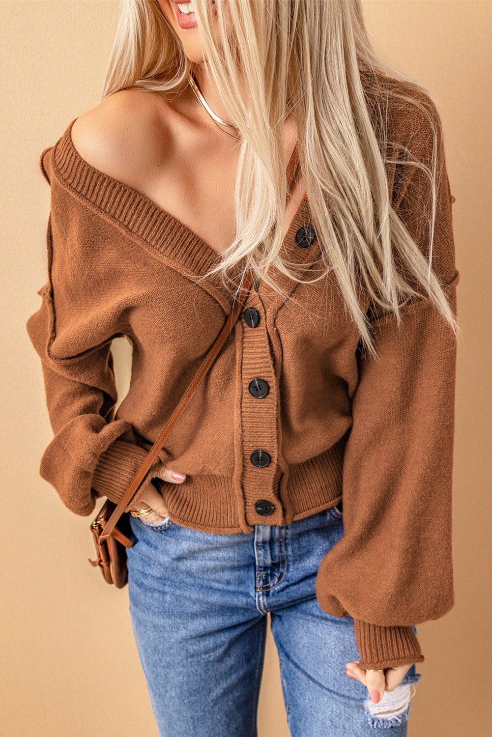 exposed seam button down cardigan