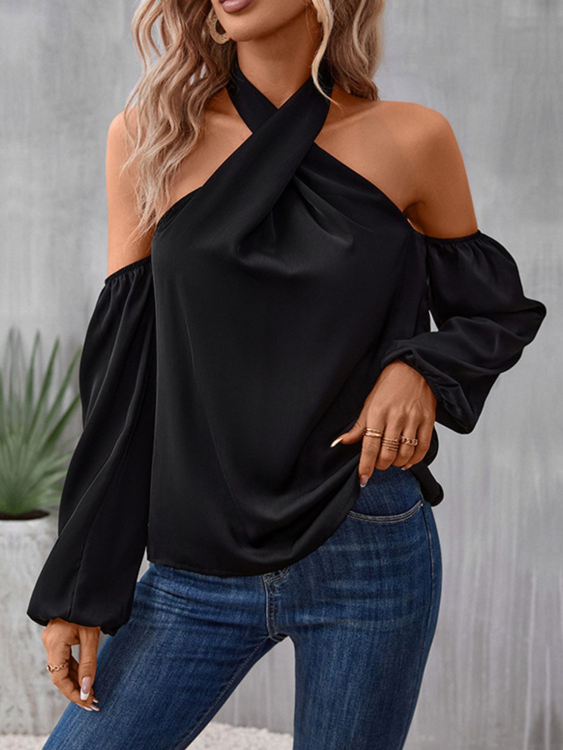 grecian cold shoulder long sleeve blouse