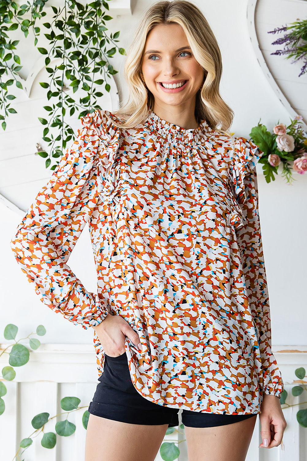 printed ruffle shoulder long sleeve blouse