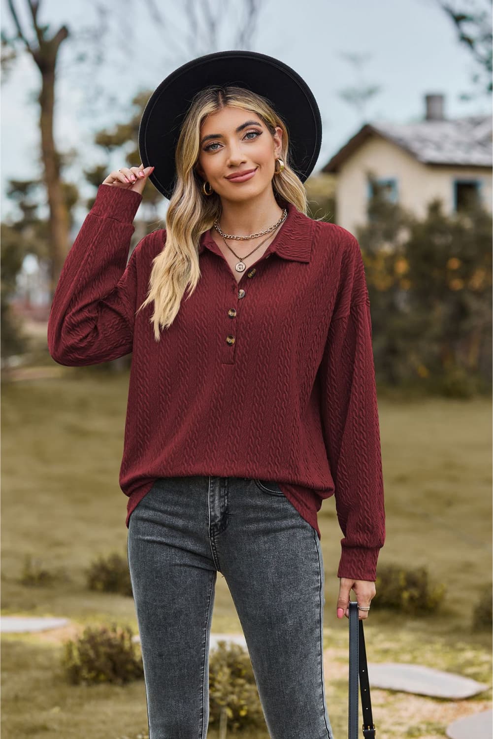 collared neck long sleeve blouse