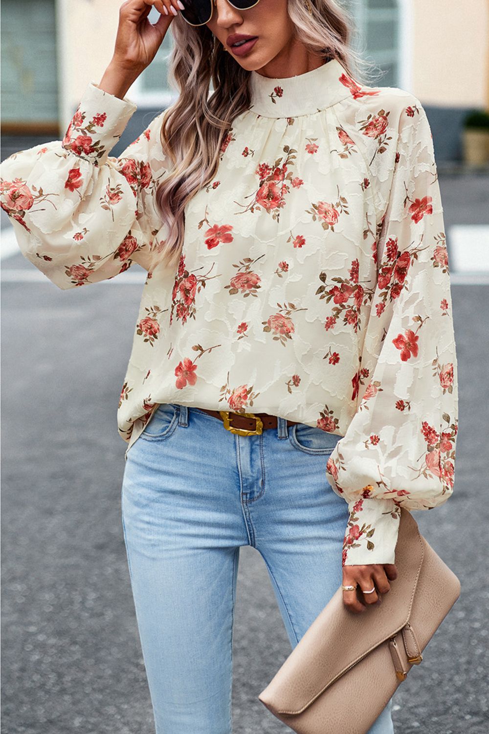 floral print mock neck lantern sleeve blouse