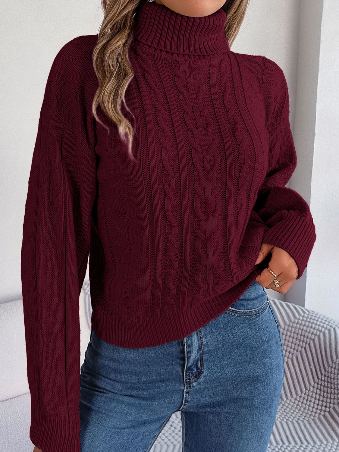 cable-knit turtleneck sweater