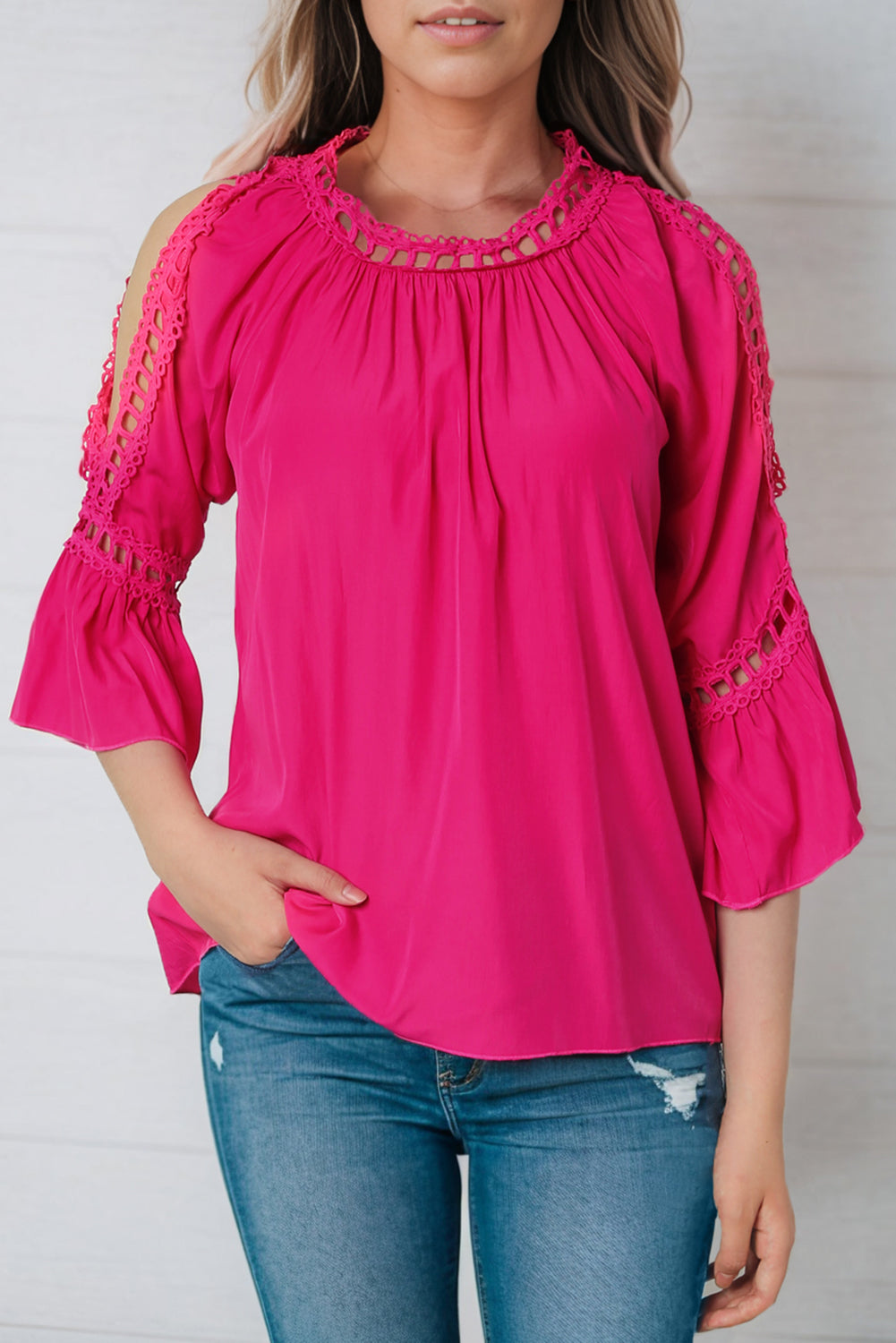 cutout long sleeve round neck blouse