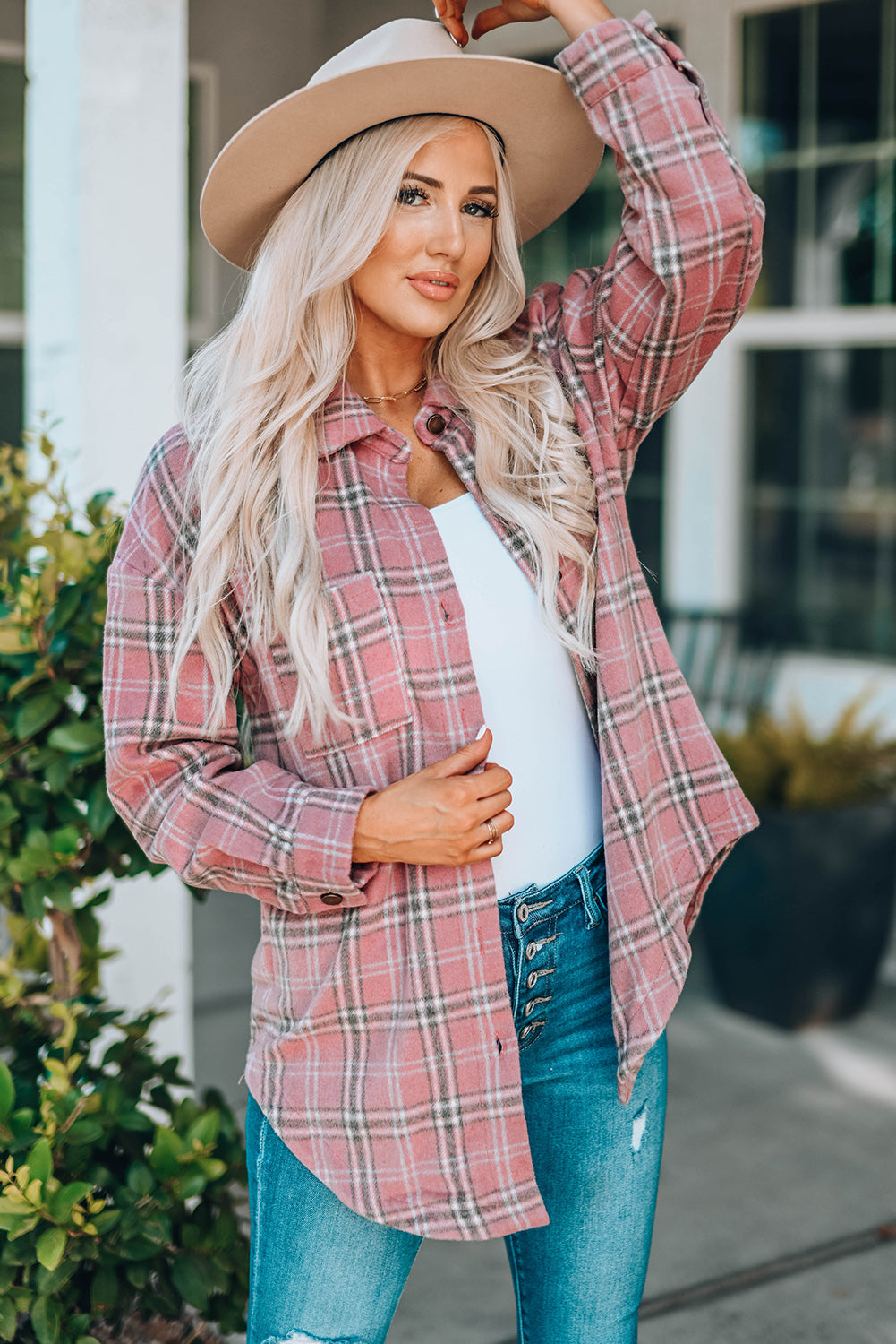 plaid curved hem dropped shoulder longline shirt jacket