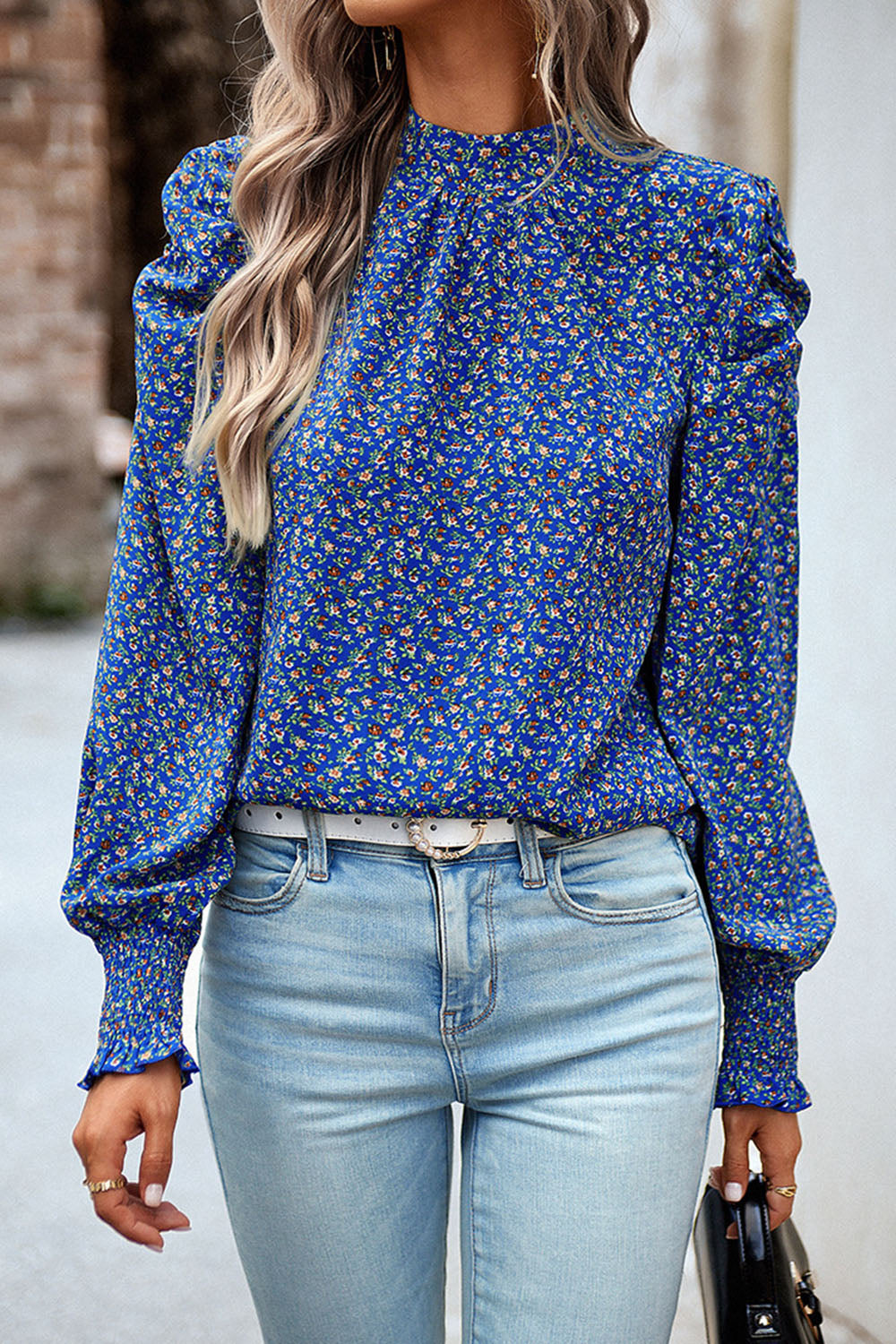 printed smocked puff sleeve blouse
