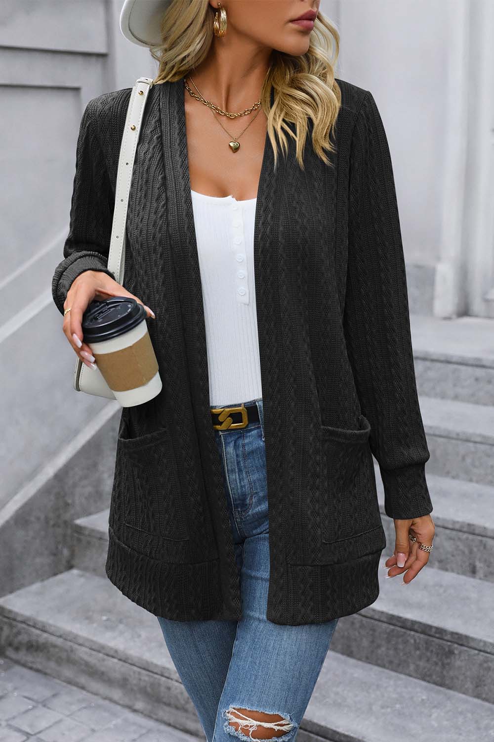 cable-knit long sleeve cardigan with pocket