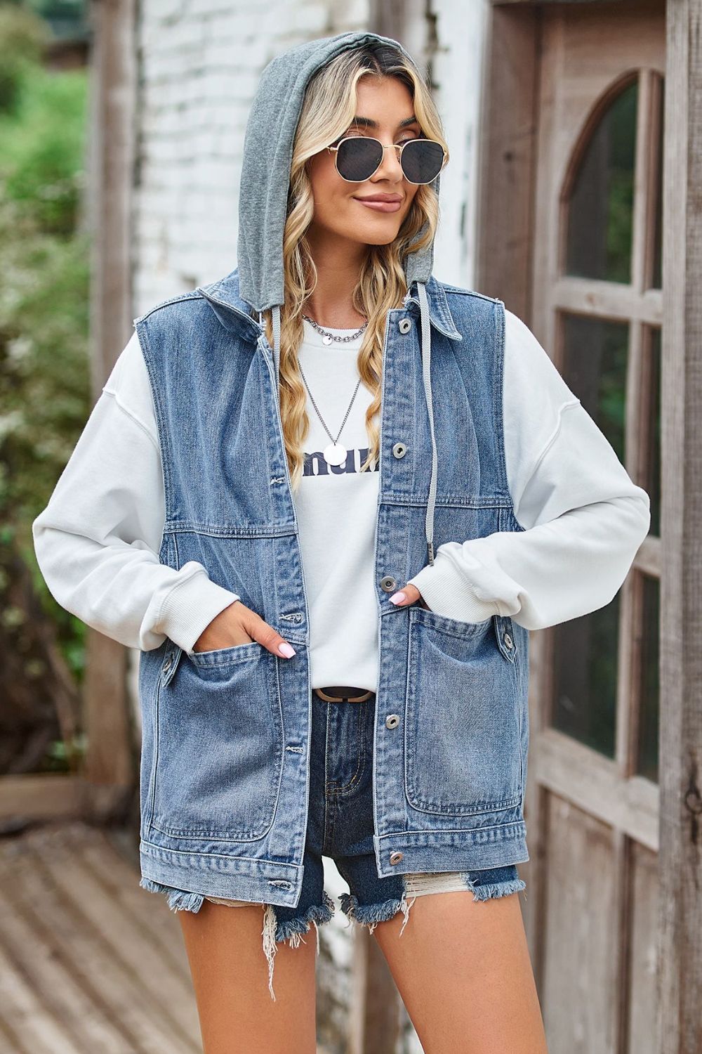 sleeveless denim top with a detachable hood