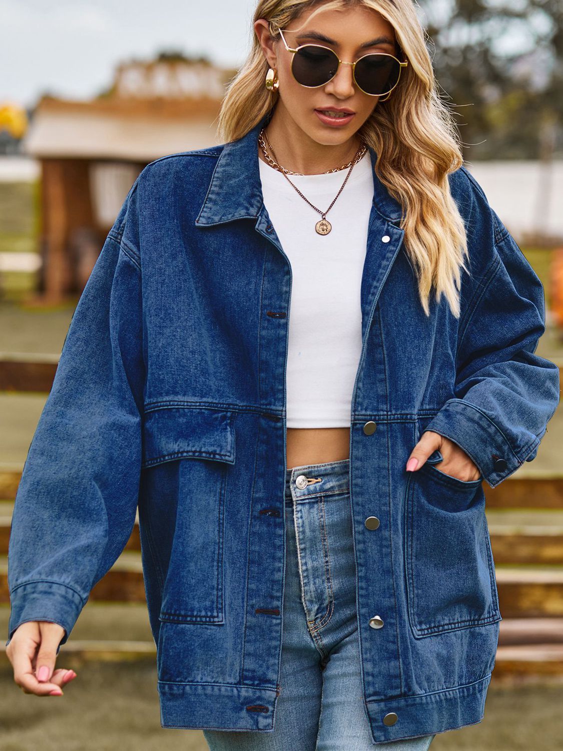 dropped shoulder denim jacket with pockets