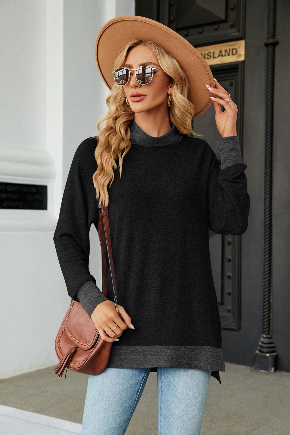 turtle neck long sleeve slit blouse