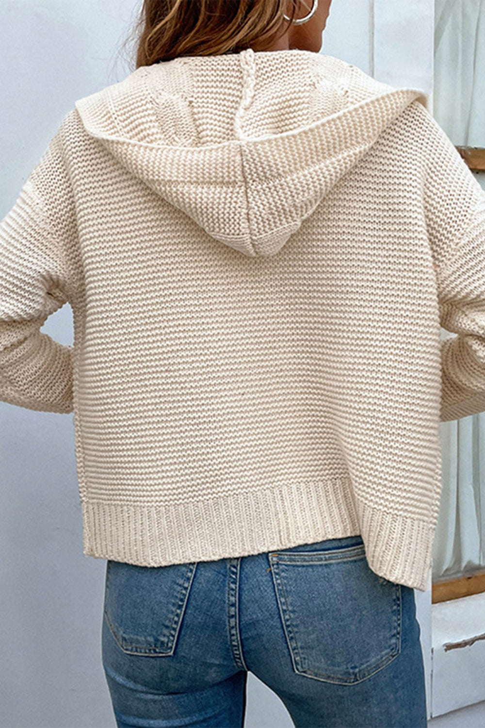 cable-knit dropped shoulder hooded cardigan