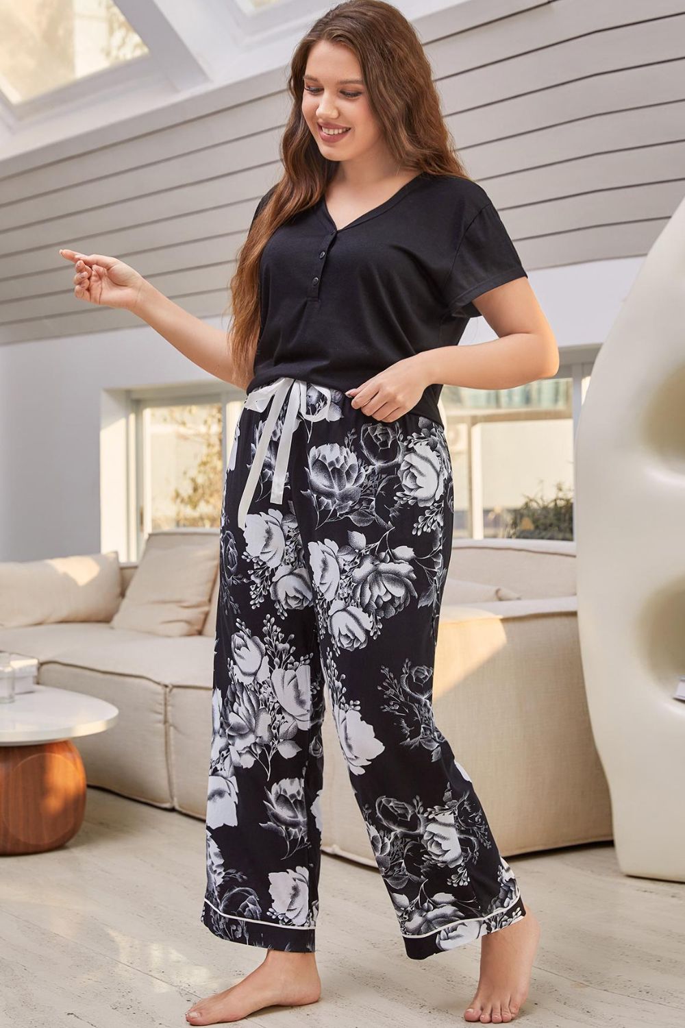 full size v-neck top and floral pants lounge set