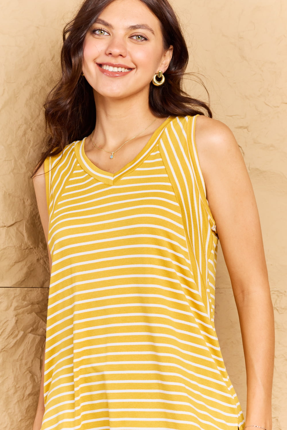 doublju talk to me full size striped sleeveless v-neck top