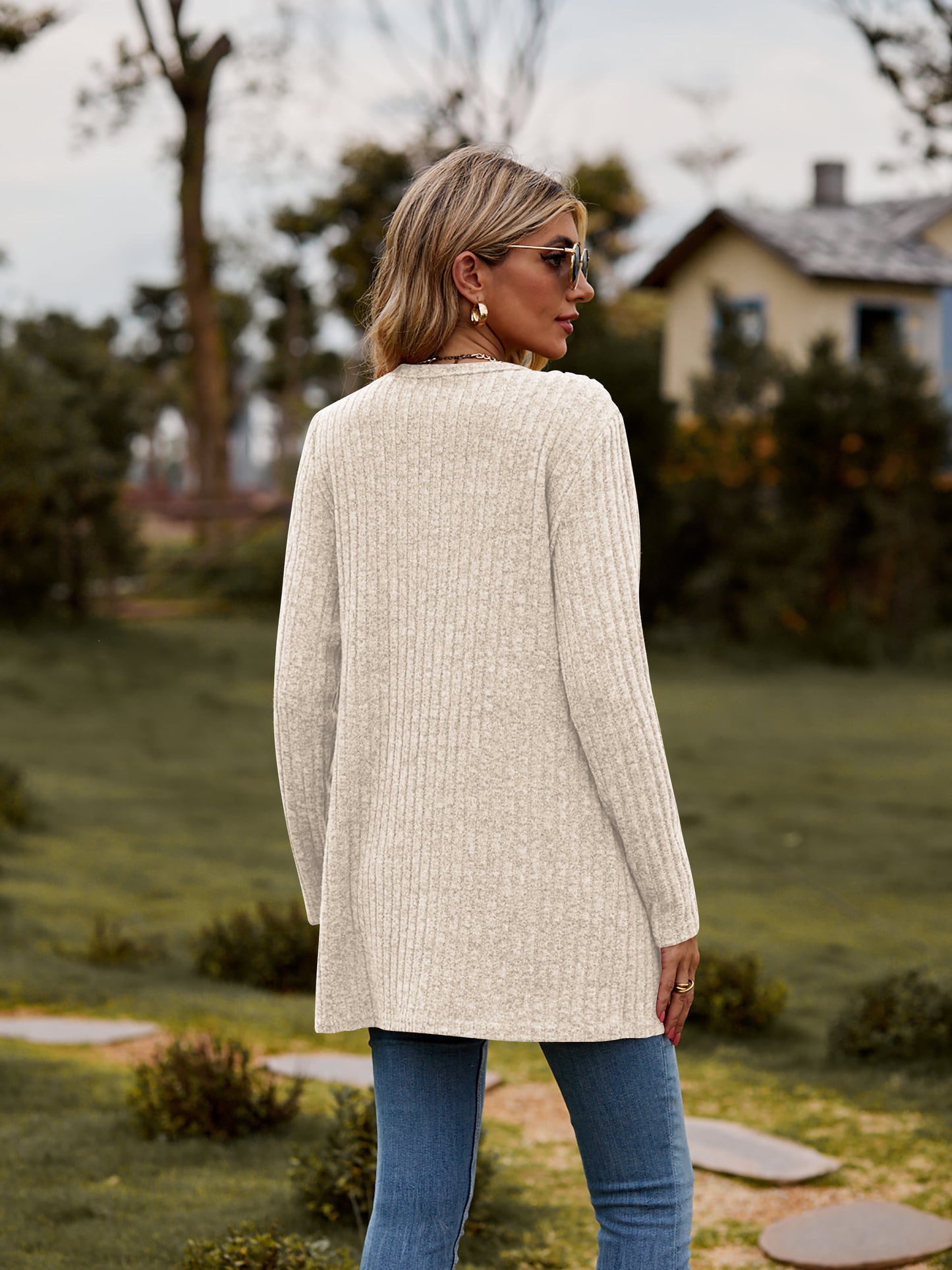 ribbed button-up cardigan with pockets