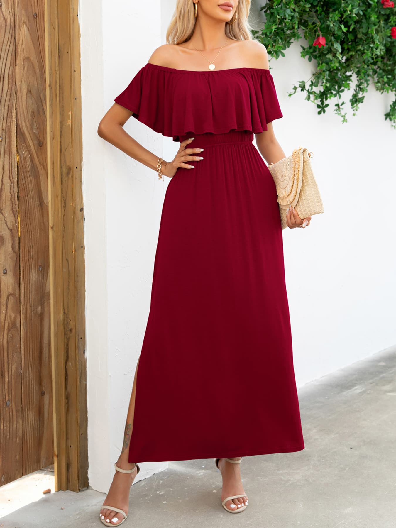 off-shoulder slit maxi dress