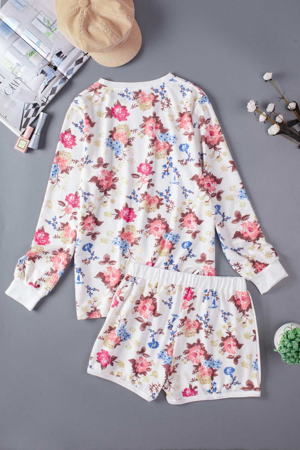 floral long sleeve top and shorts lounge set