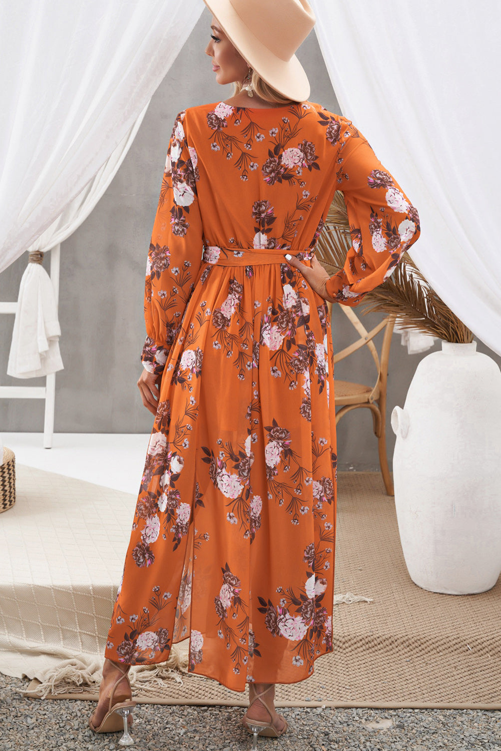 floral tie waist slit maxi dress