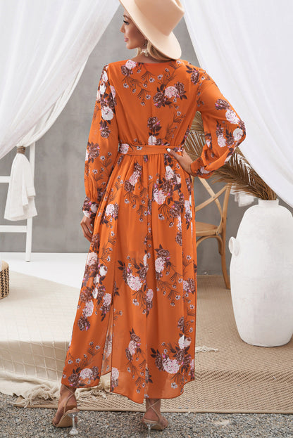 Floral Tie Waist Slit Maxi Dress