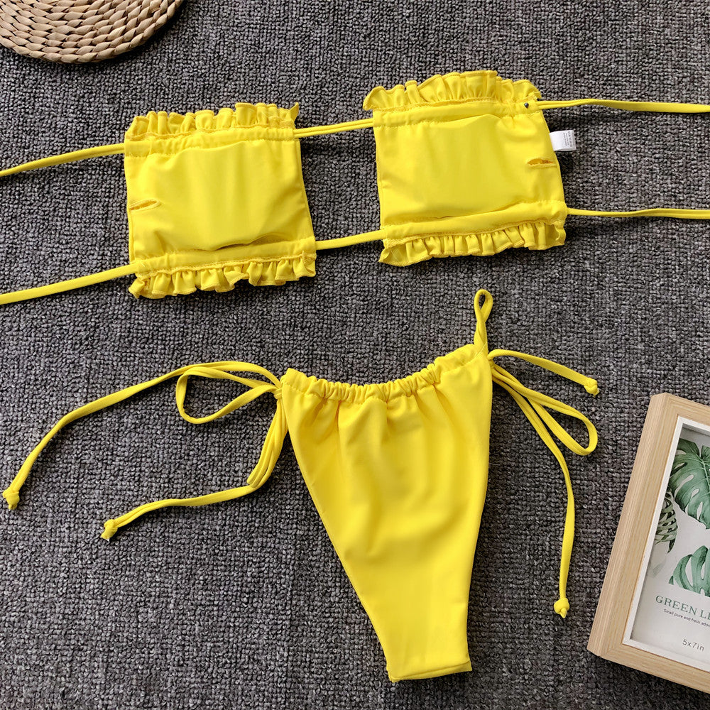 frill trim ruched bikini set