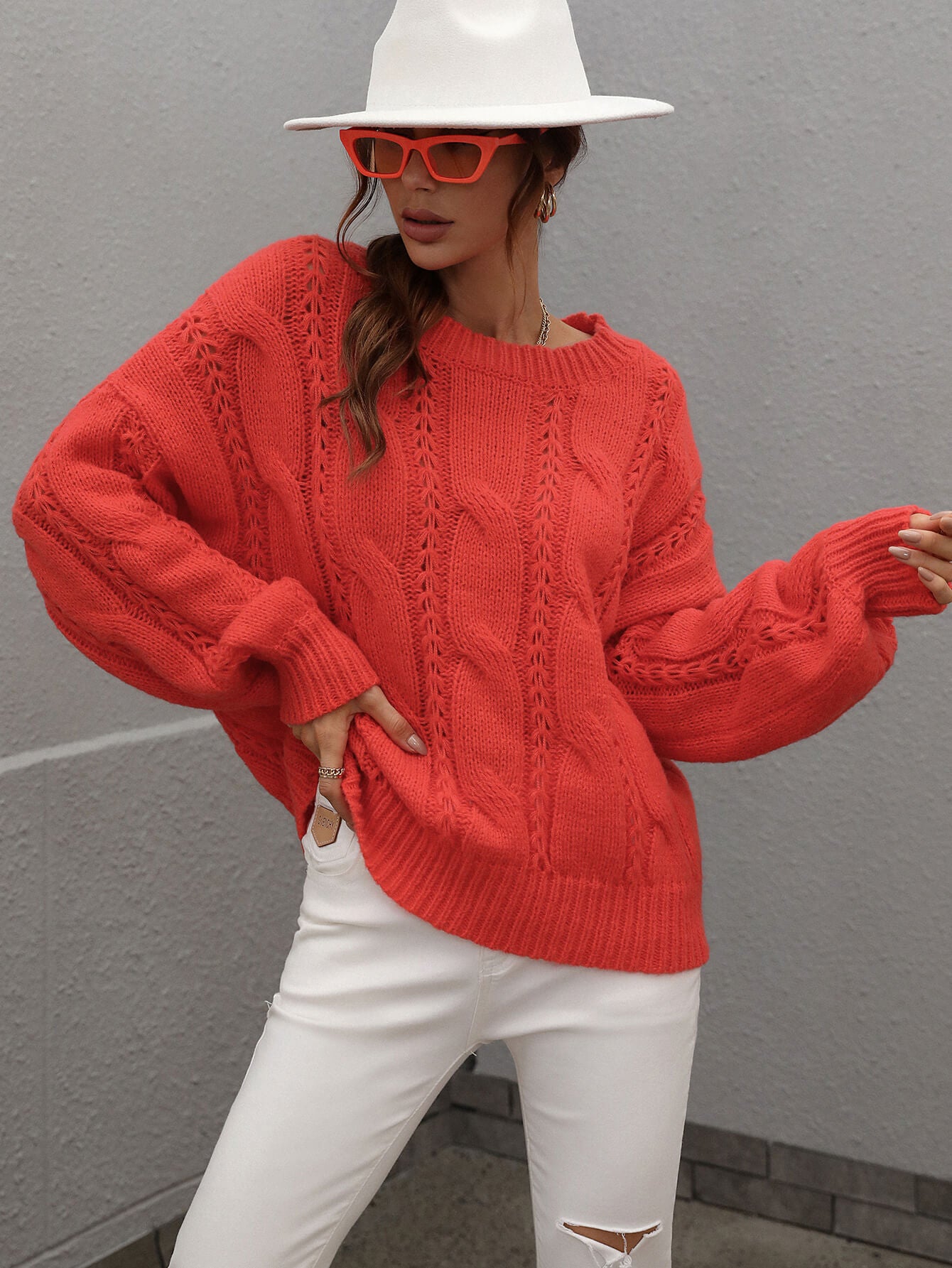 woven right cable-knit openwork round neck sweater