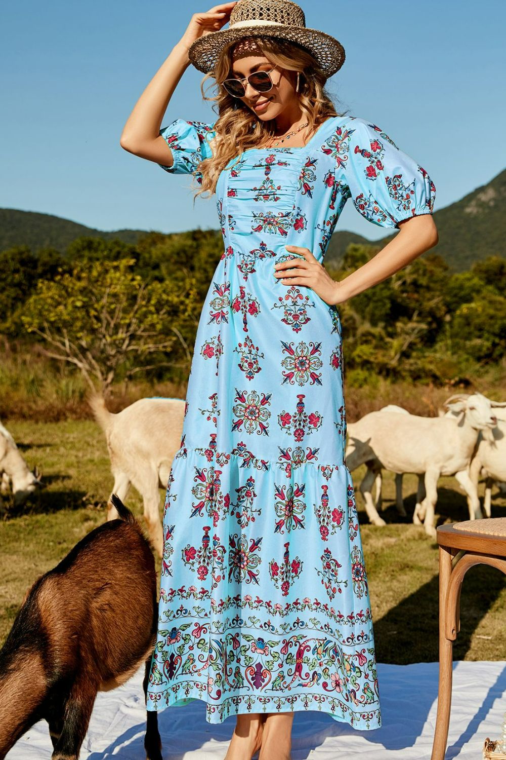 floral ruched puff sleeve tiered maxi dress