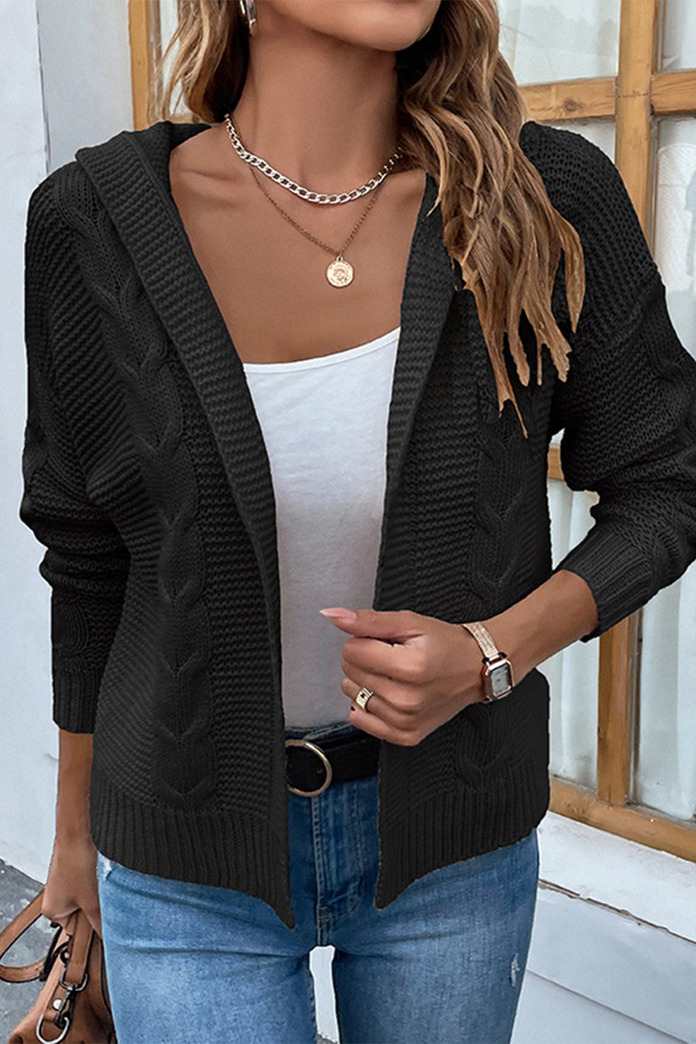 cable-knit dropped shoulder hooded cardigan