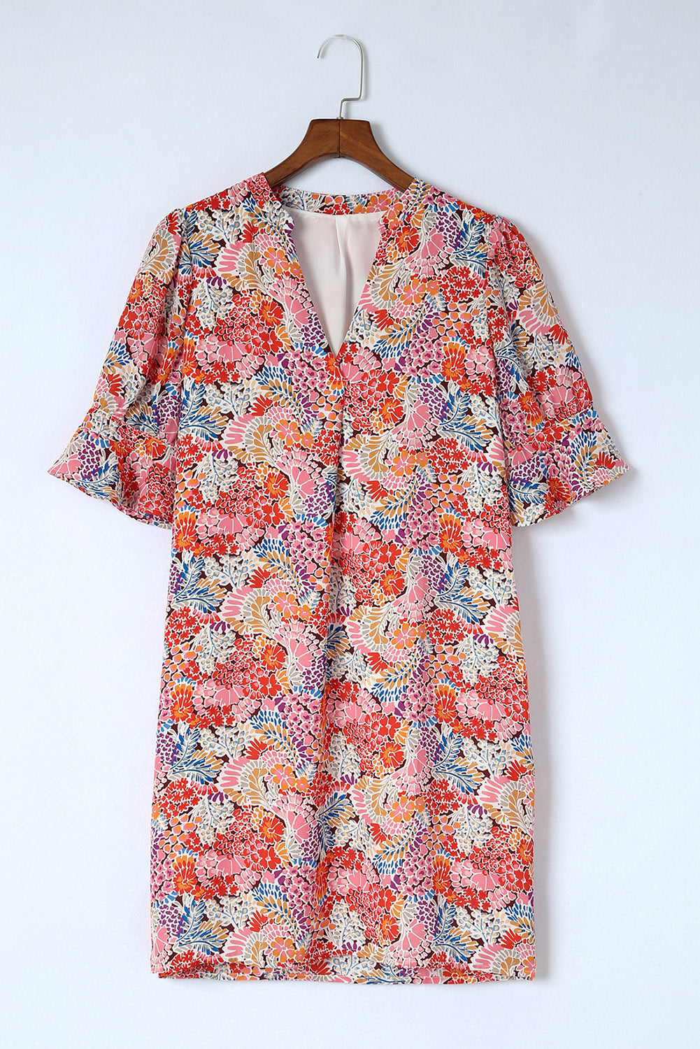 floral notched neck flounce sleeve shift dress