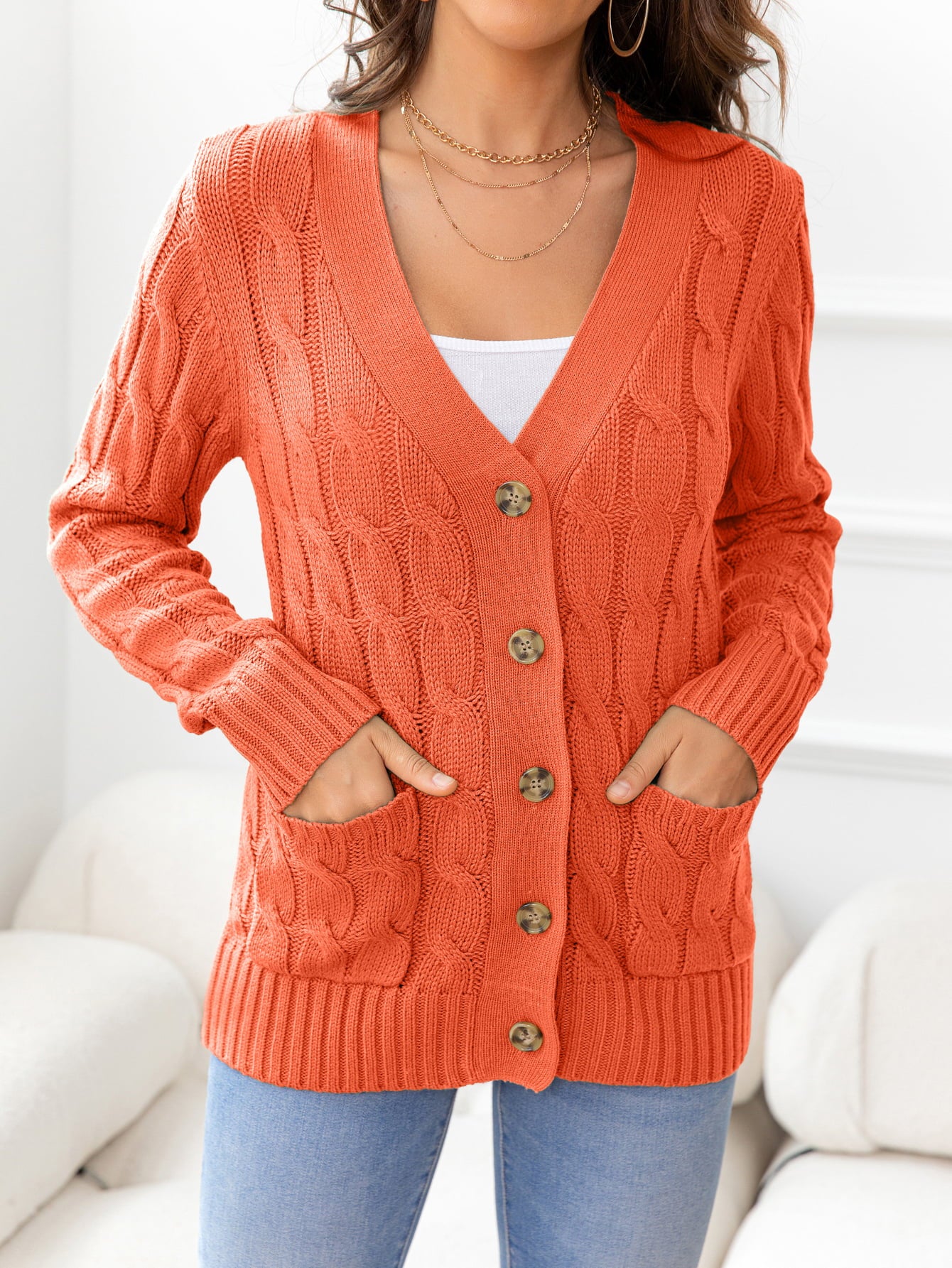 button down cable-knit cardigan