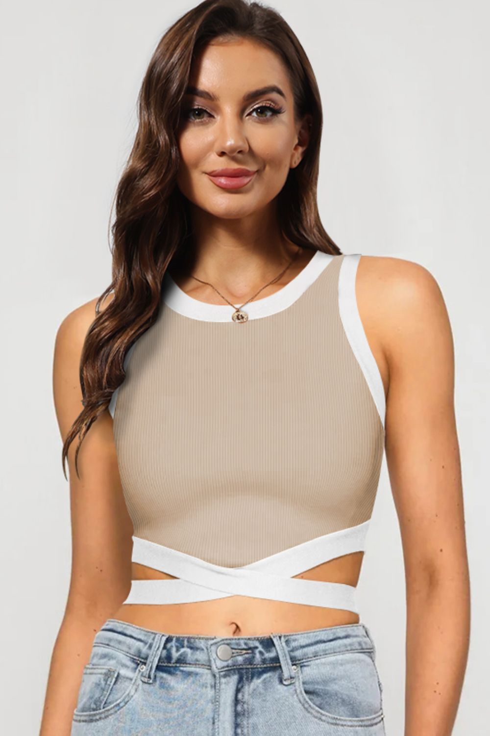 contrast tie back round neck tank