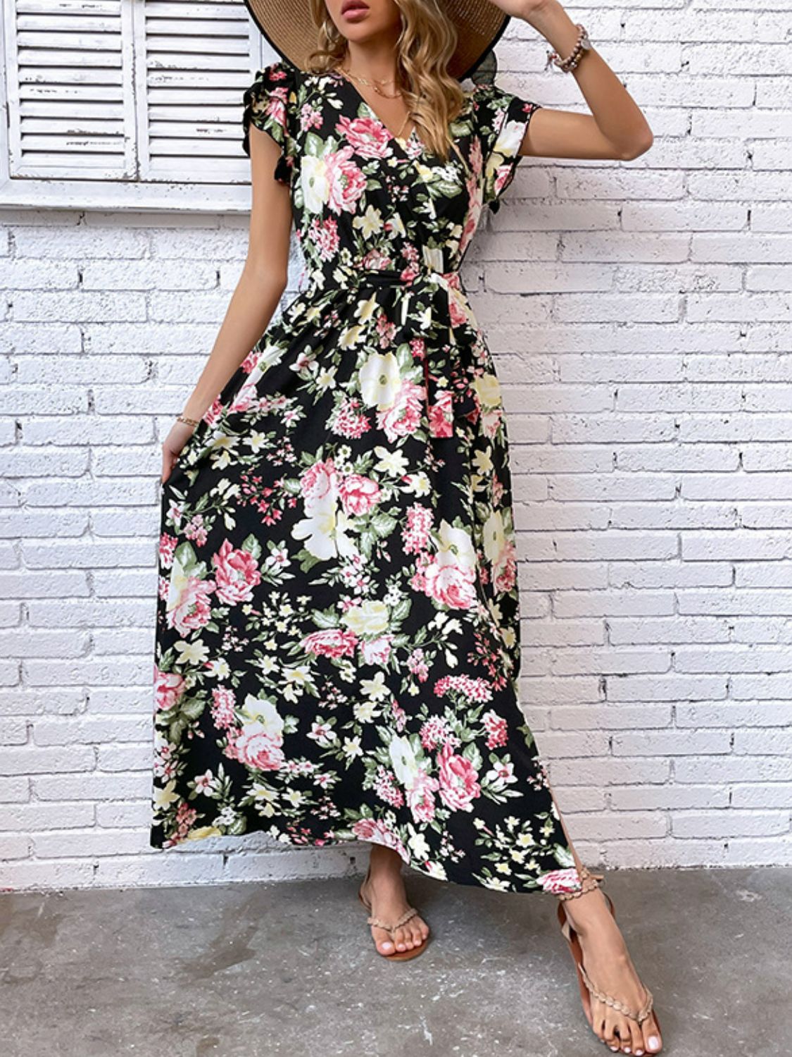 floral flutter sleeve tie-waist split dress