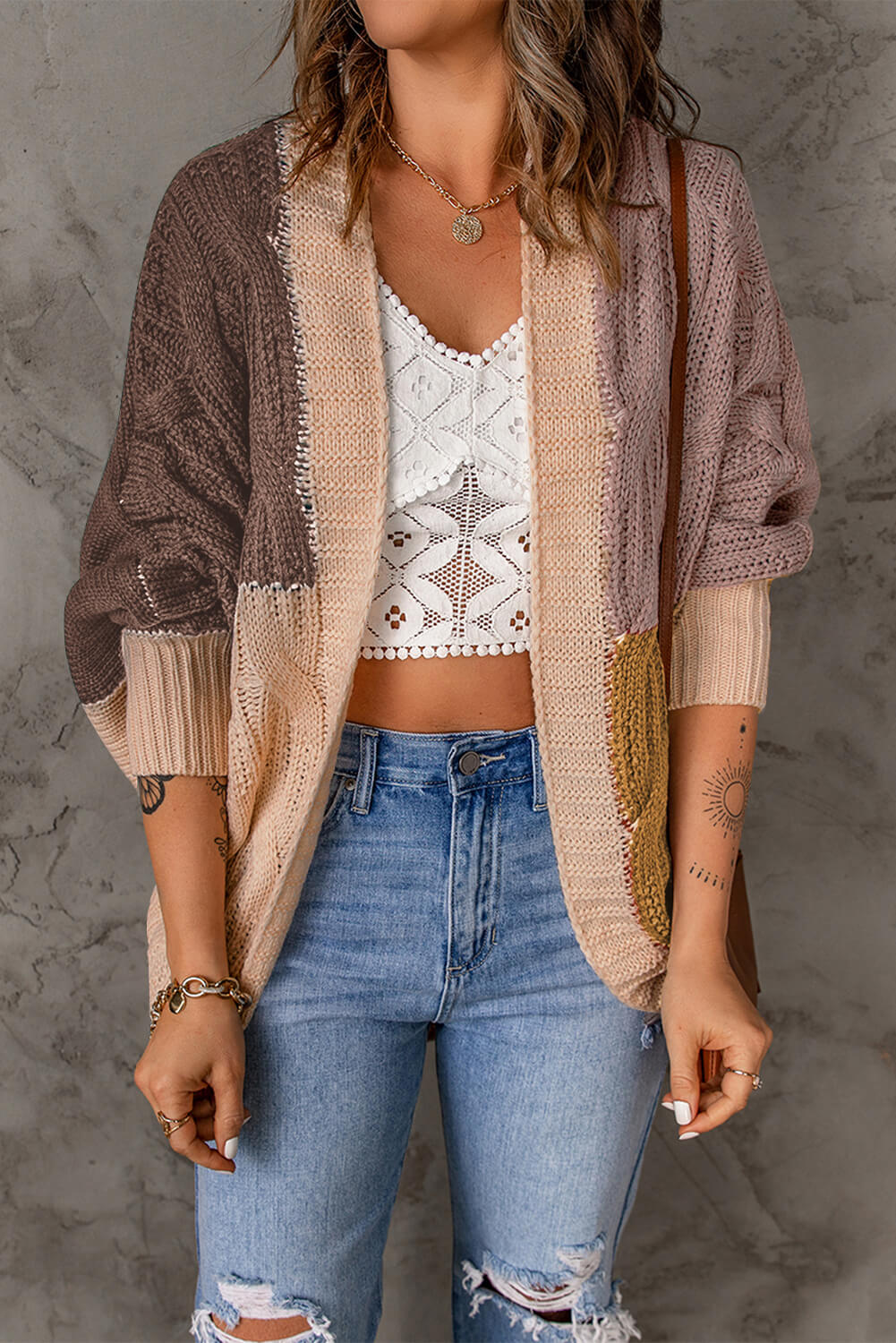 woven right color block cable-knit batwing sleeve cardigan