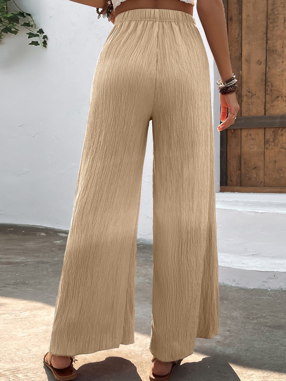 textured high-waist wide leg pants