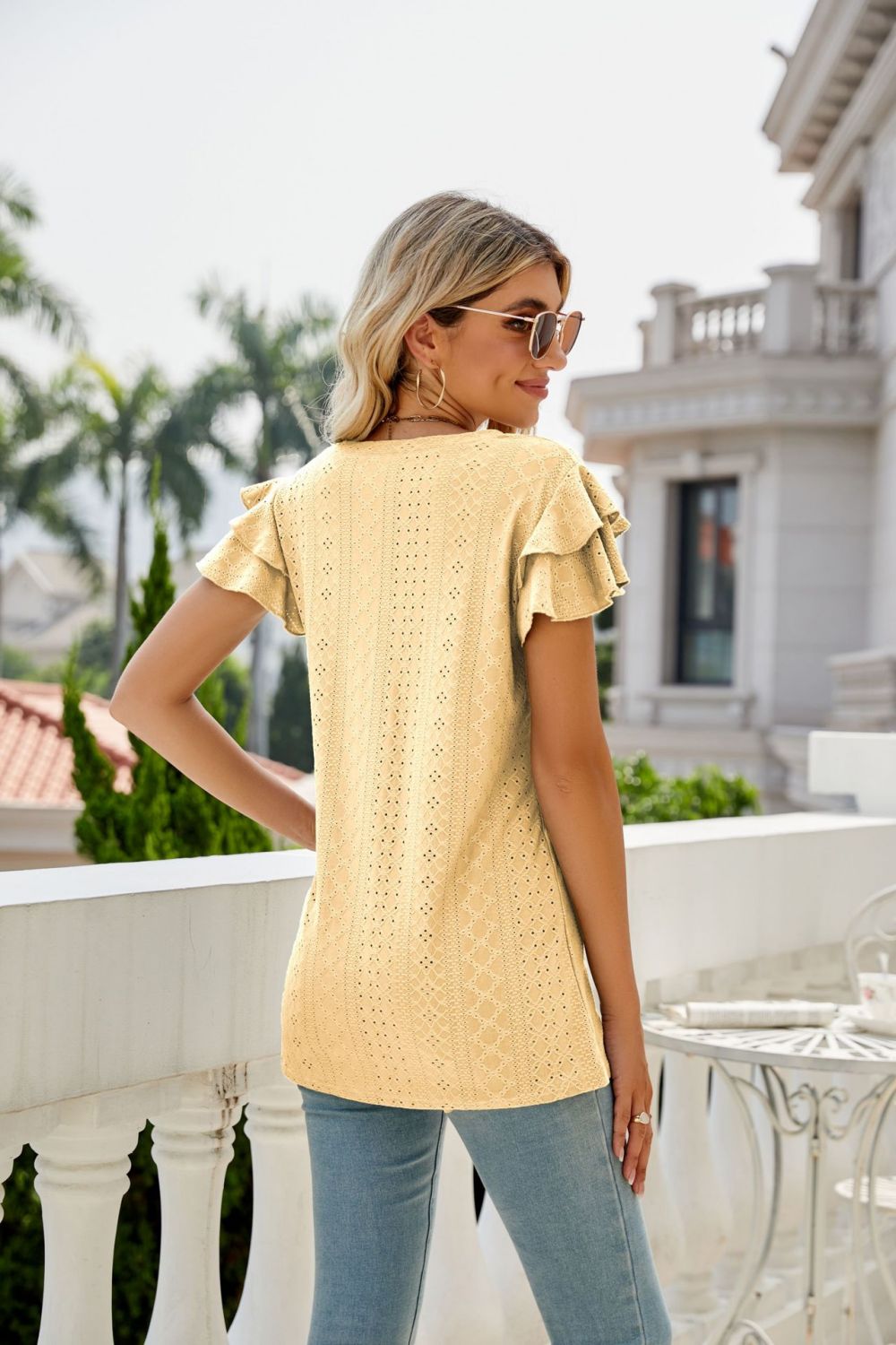 eyelet layered flutter sleeve v-neck top