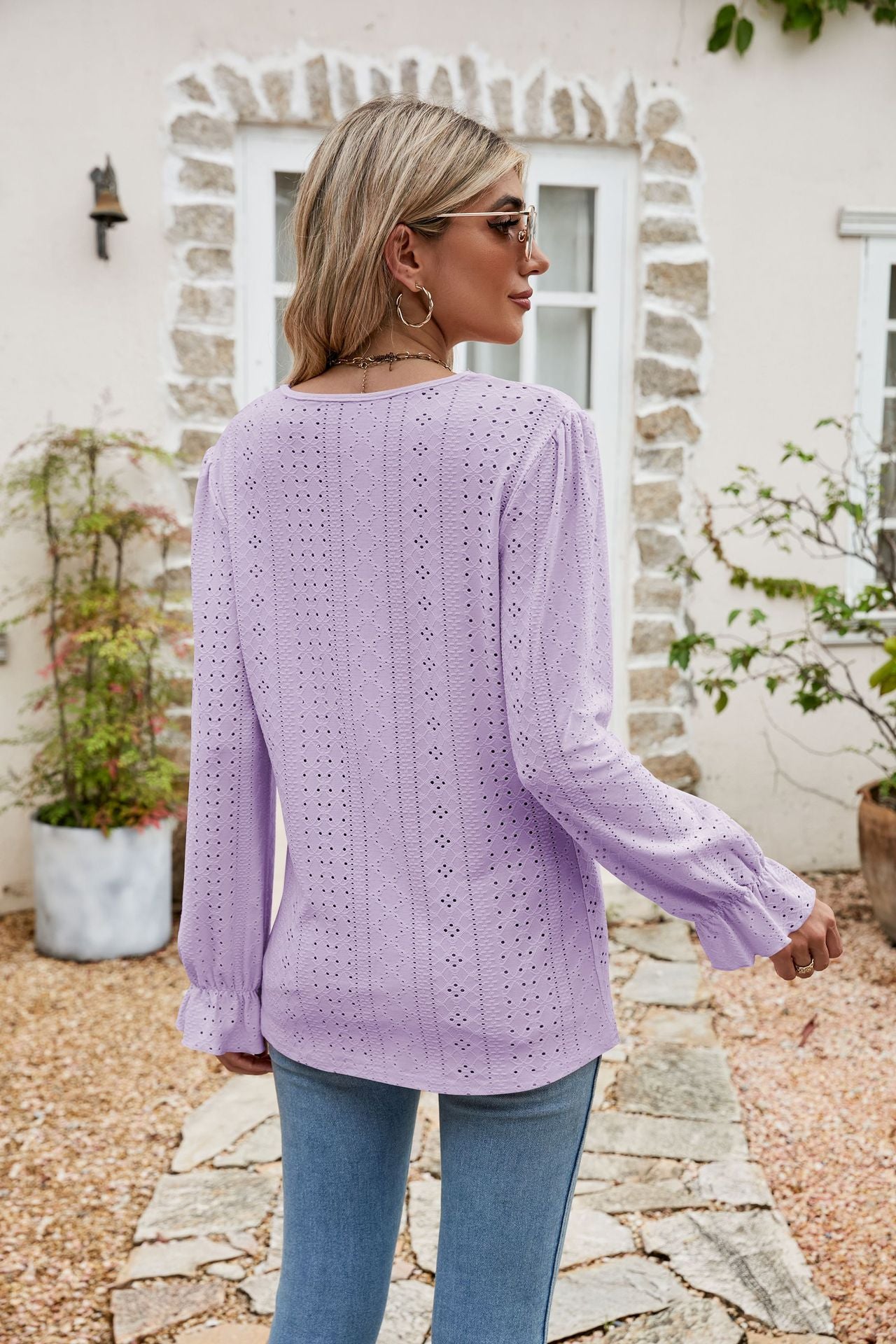 eyelet lace trim flounce sleeve blouse