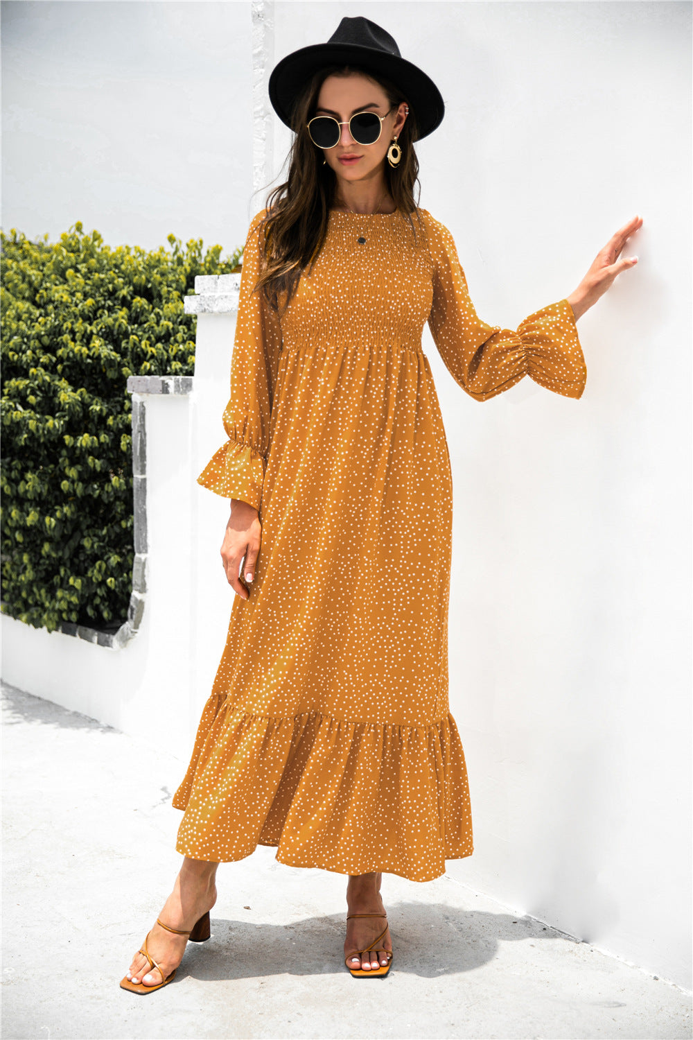 printed puff sleeve ruffle maxi dress