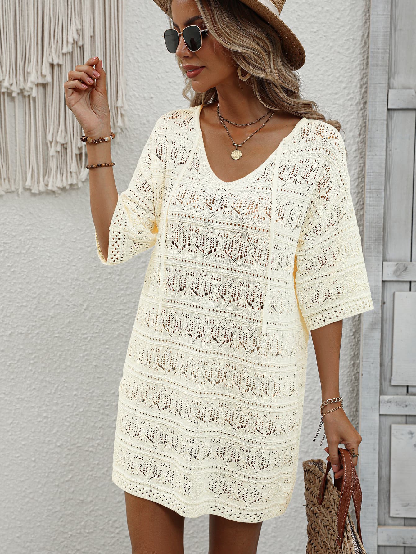 openwork v-neck mini knit dress