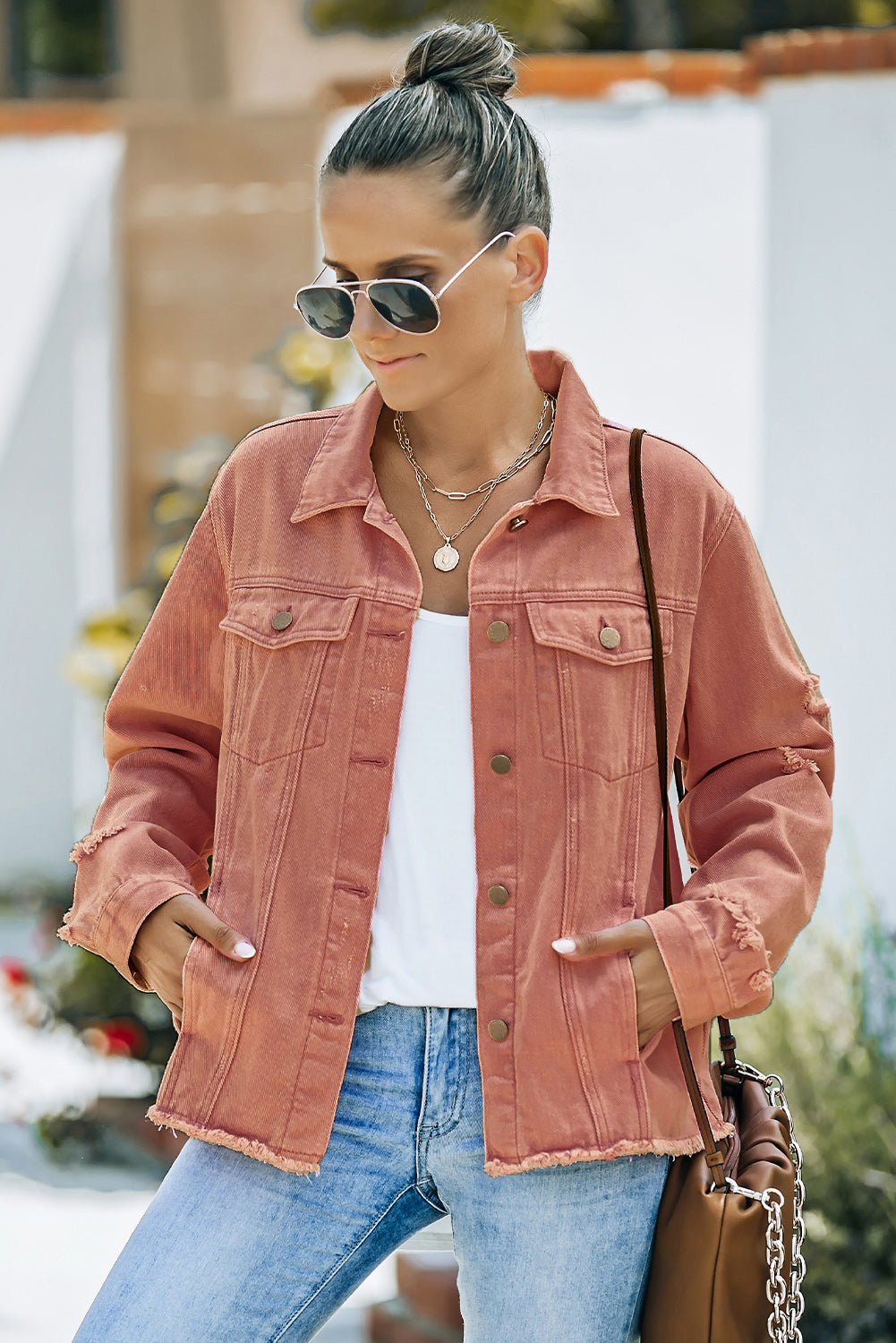 distressed raw hem denim jacket