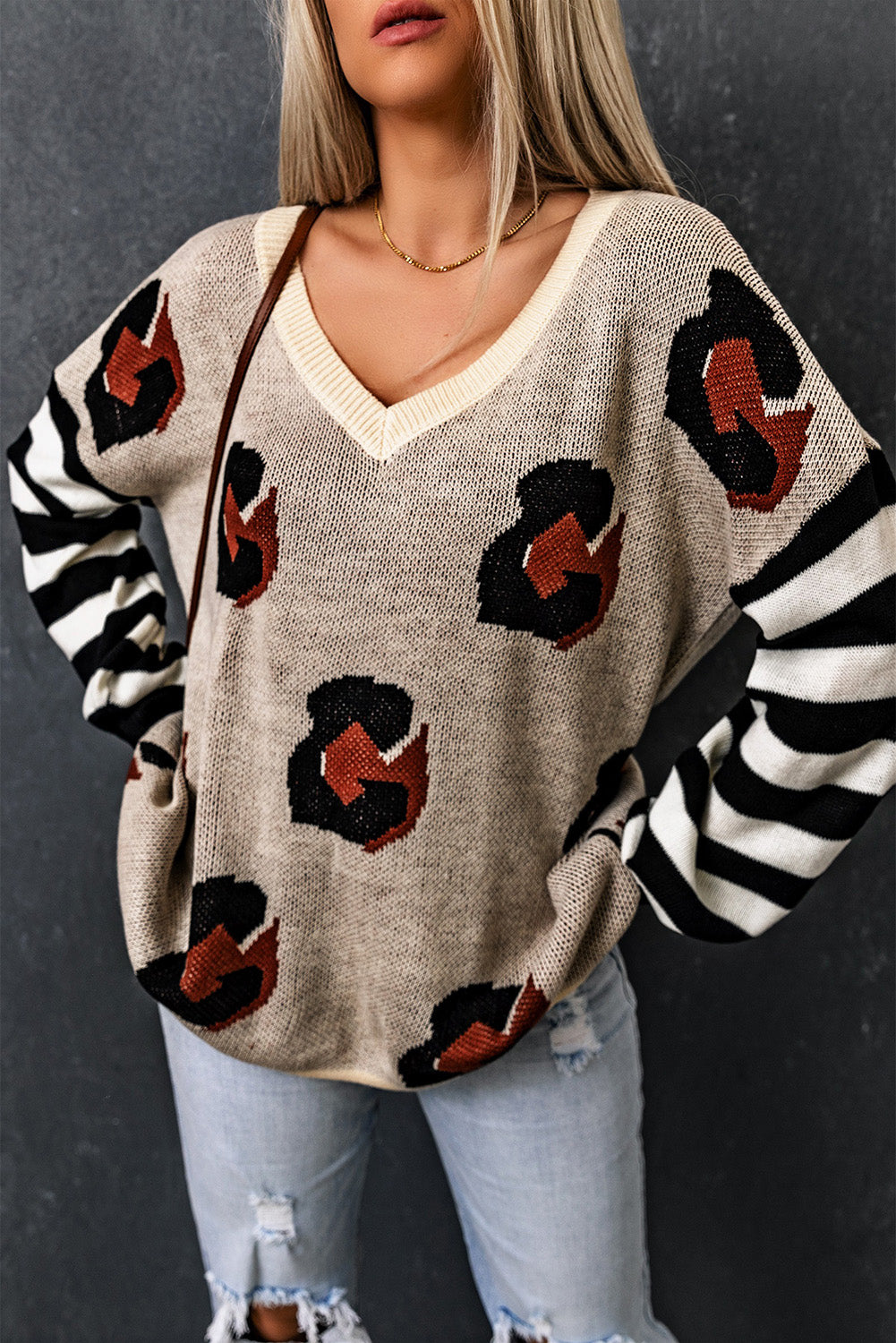 striped v-neck drop shoulder sweater