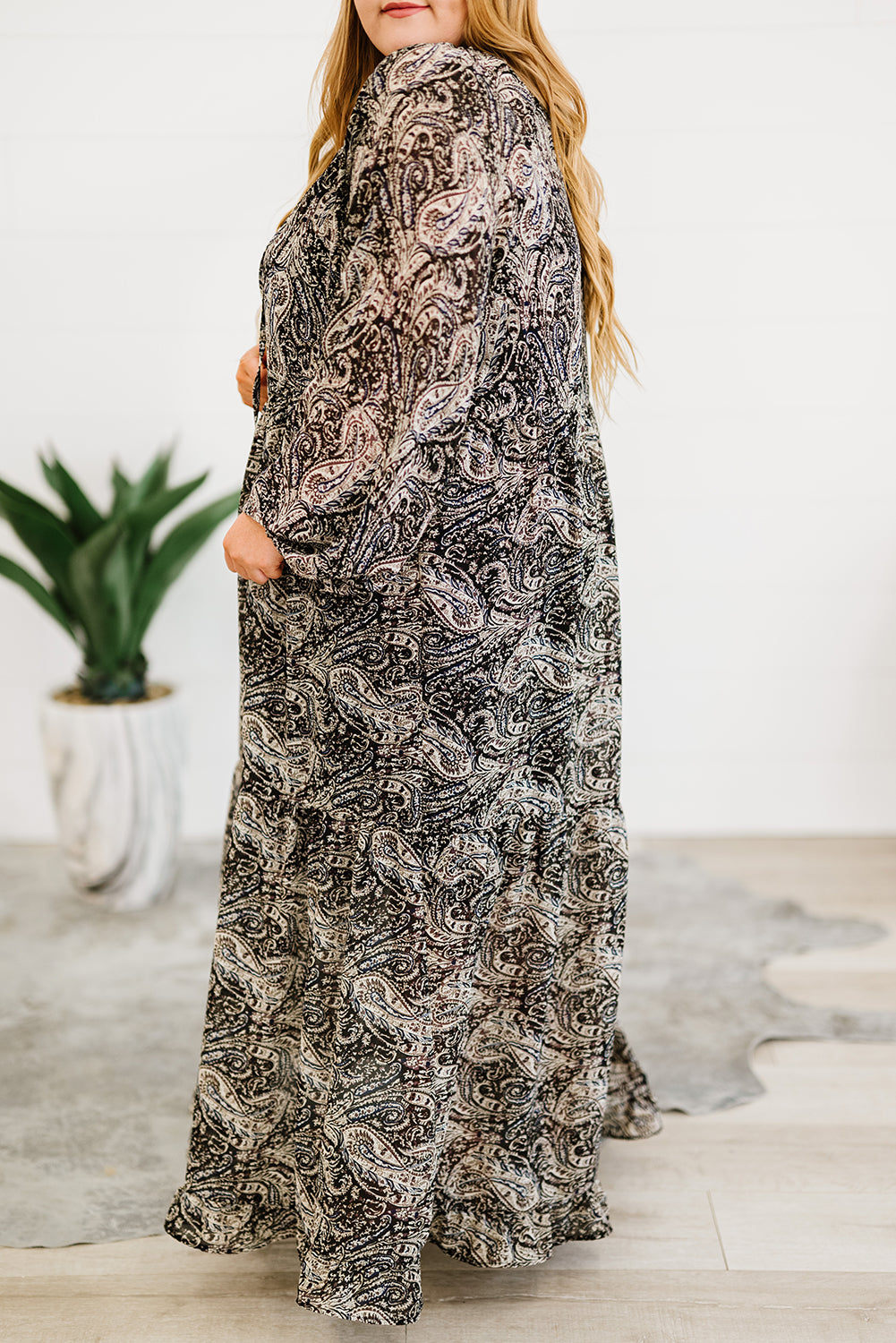 plus size paisley print balloon sleeve maxi dress