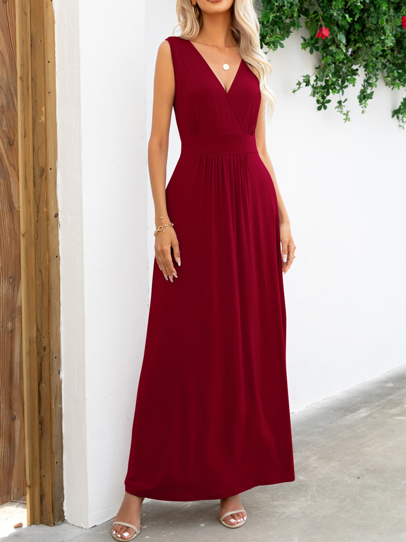 surplice neck sleeveless maxi dress