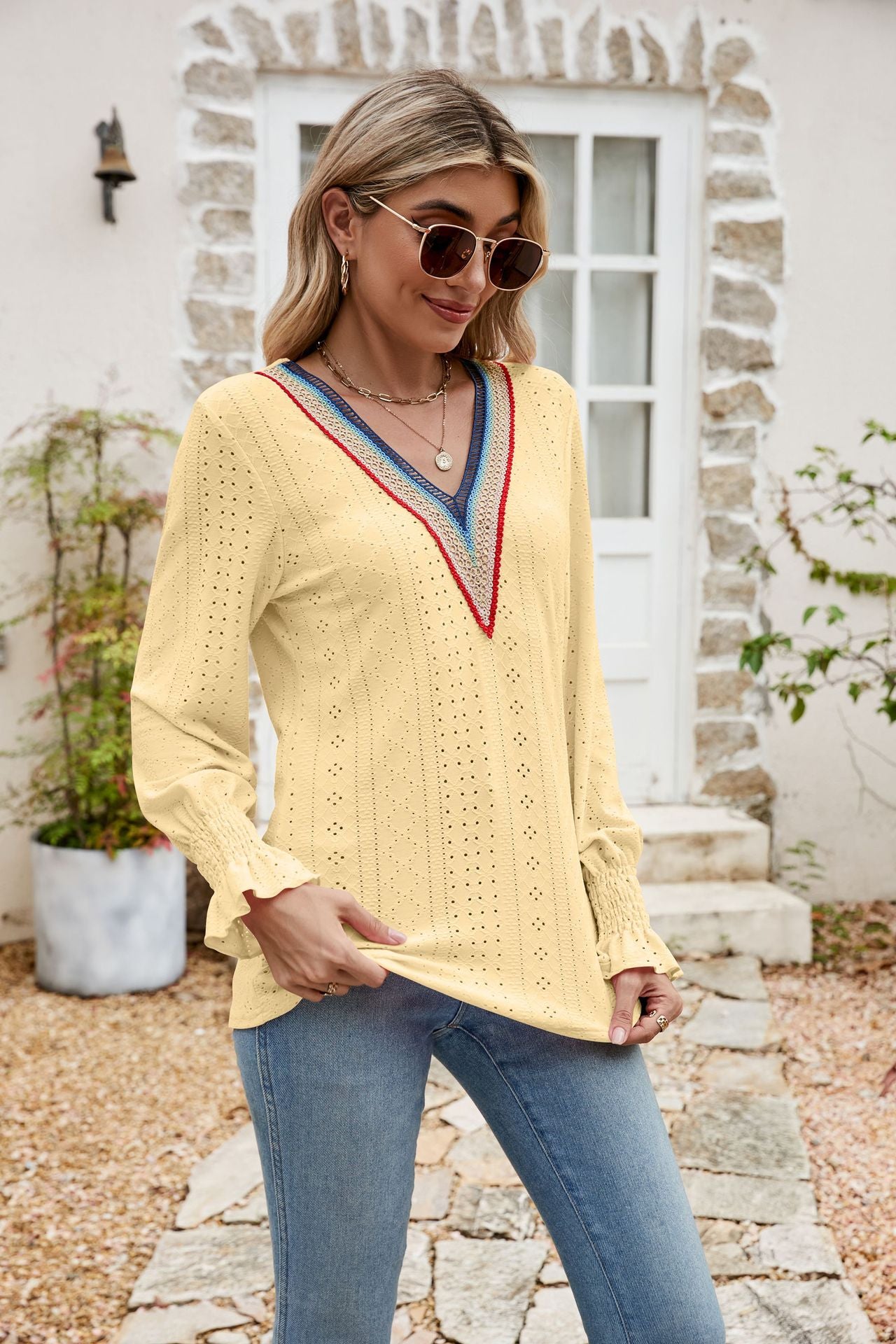 eyelet flounce sleeve v-neck blouse