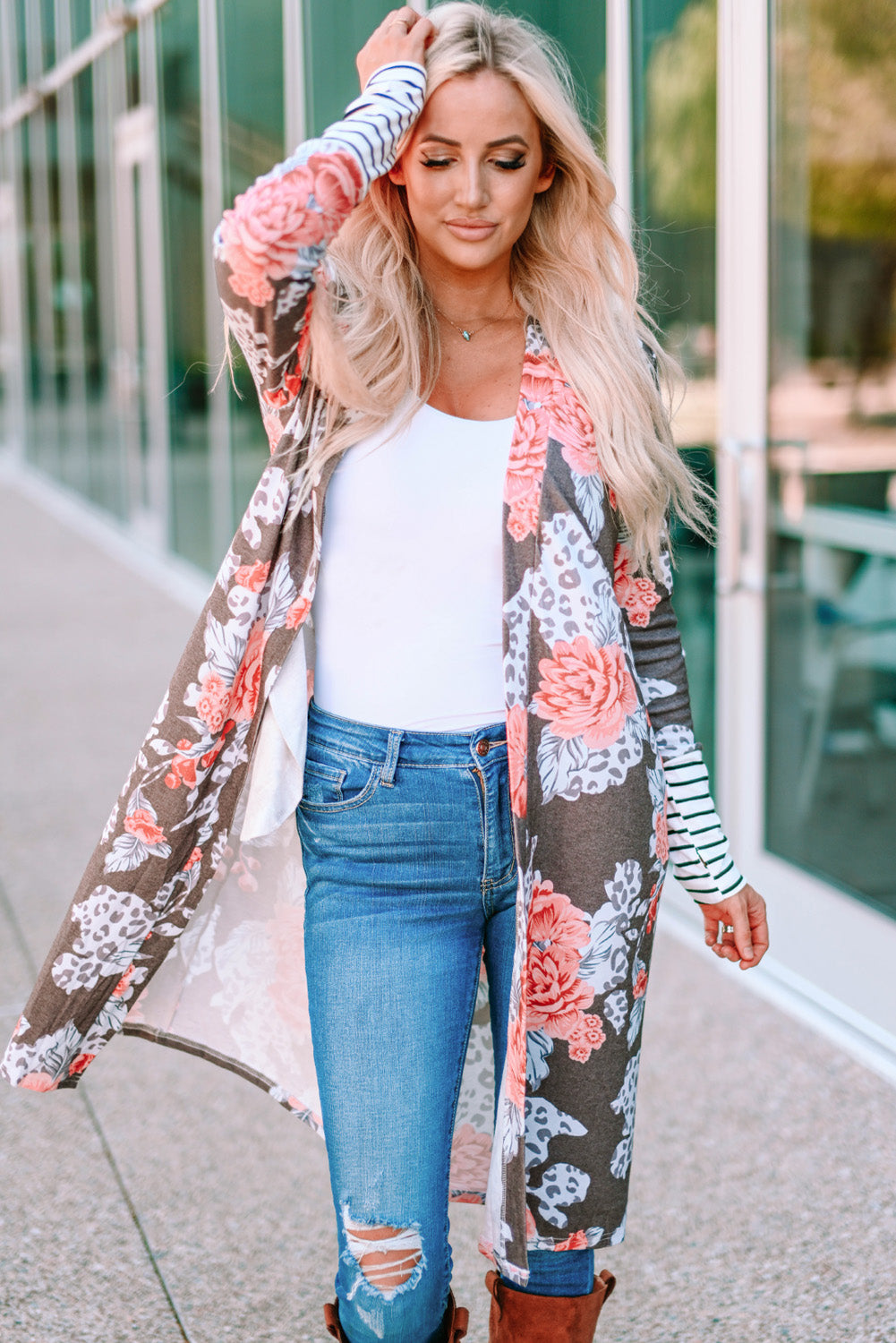 stripe detail sleeve floral print cardigan