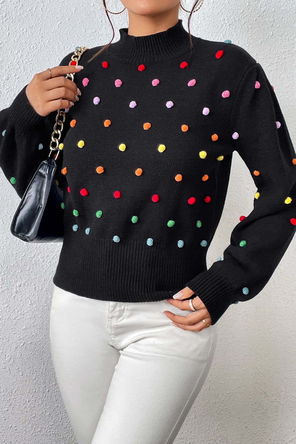 pom-pom trim mock neck long sleeve pullover sweater