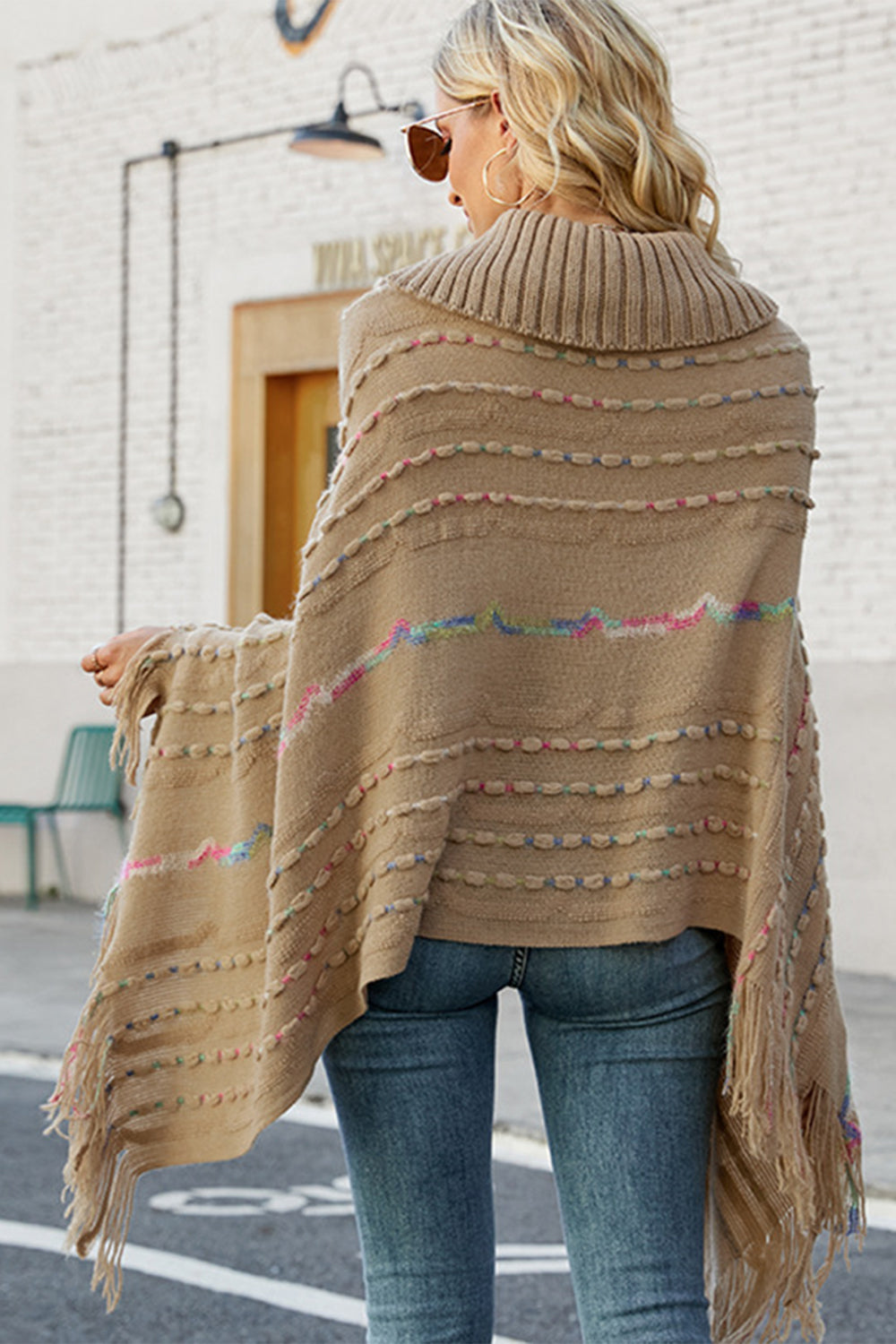 cloak sleeve fringe detail poncho