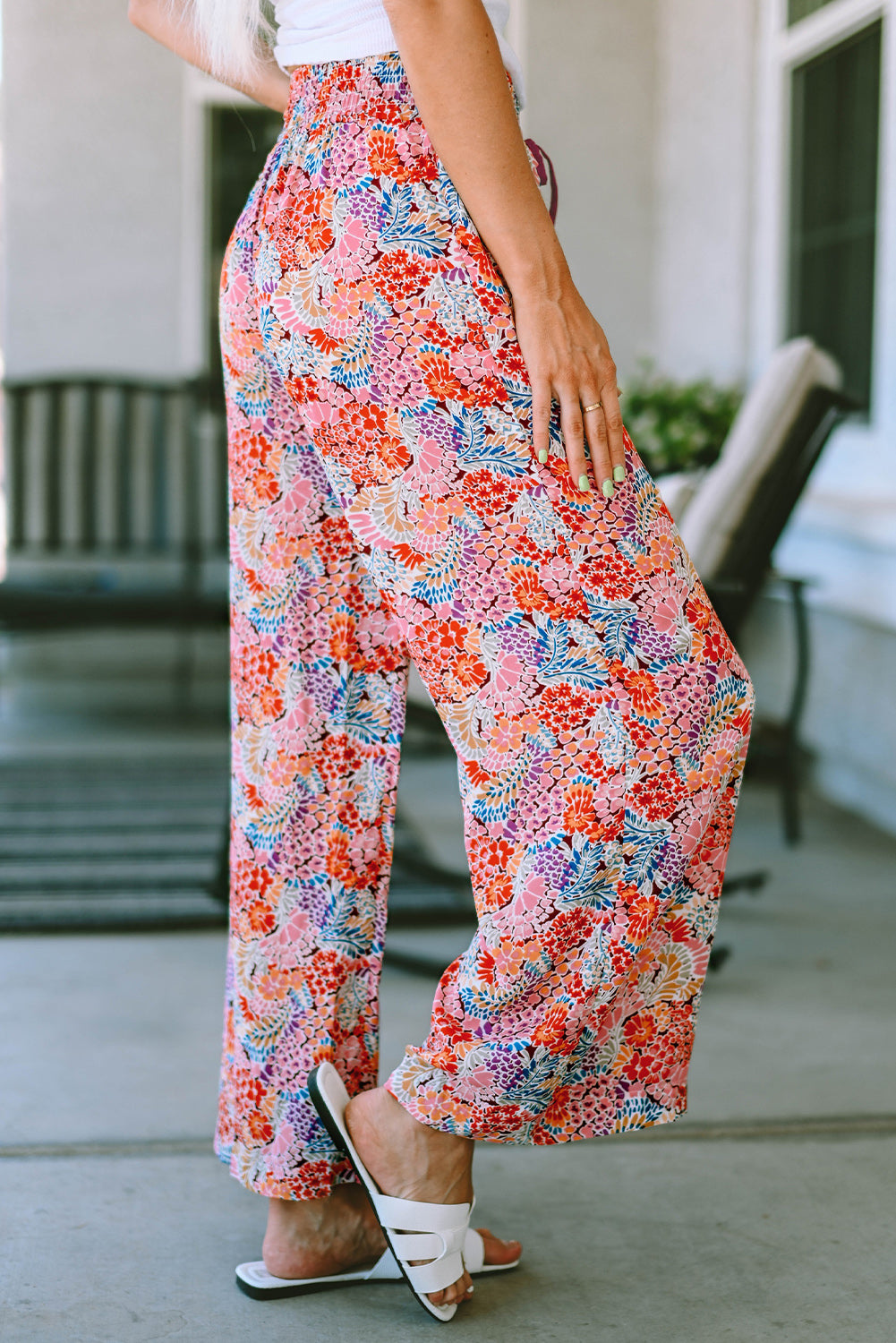 printed tie waist wide leg long pants