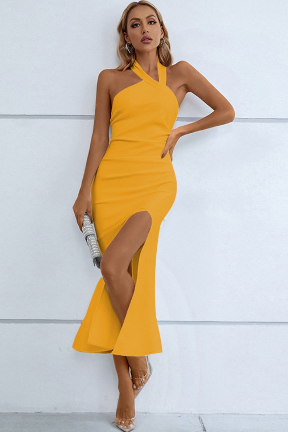 halter neck split fishtail bodycon dress